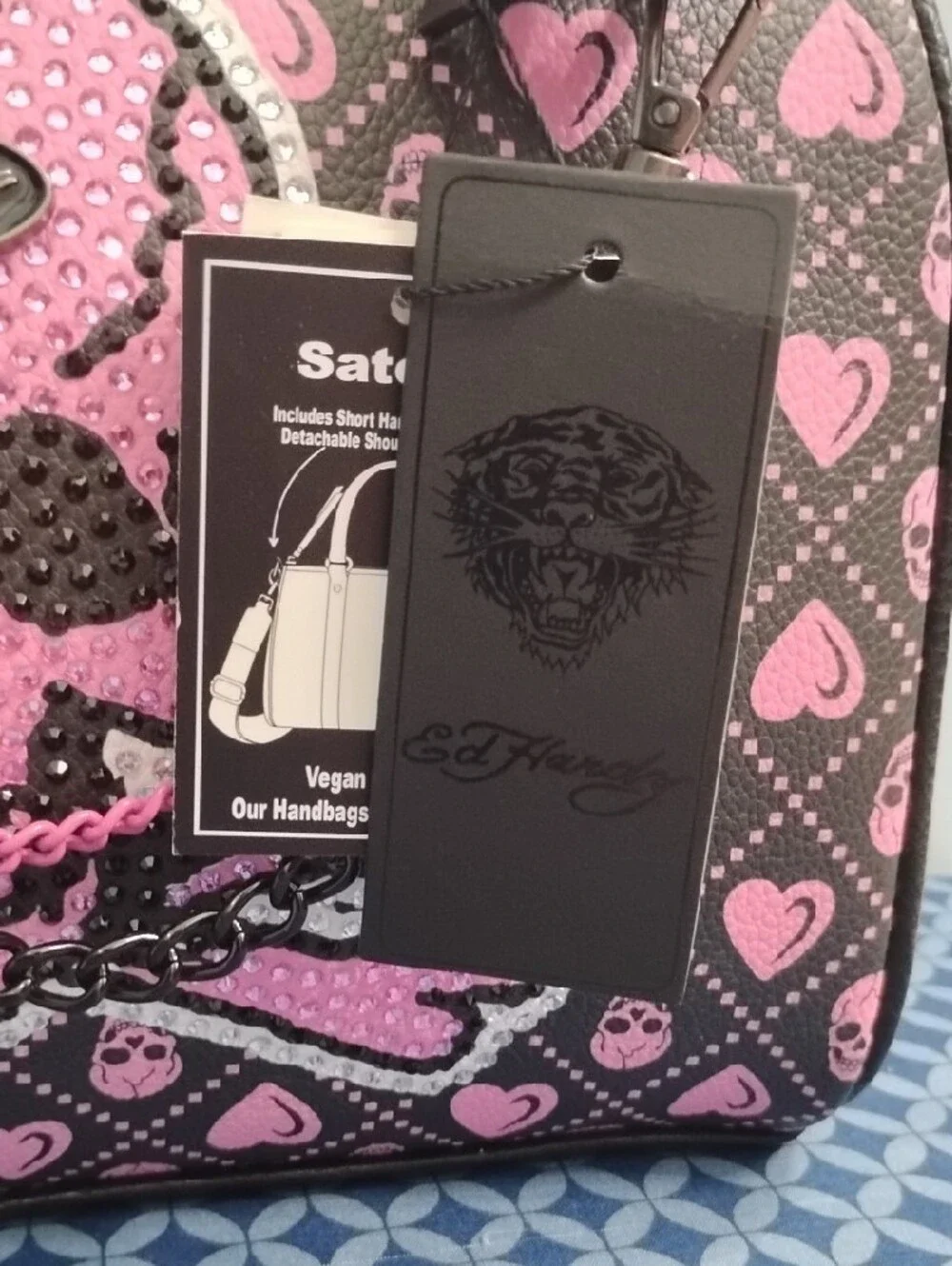 NWT Ed Hardy Black🖤 and Pink🩷 Skull Dome Satchel with Heart Charm Chain